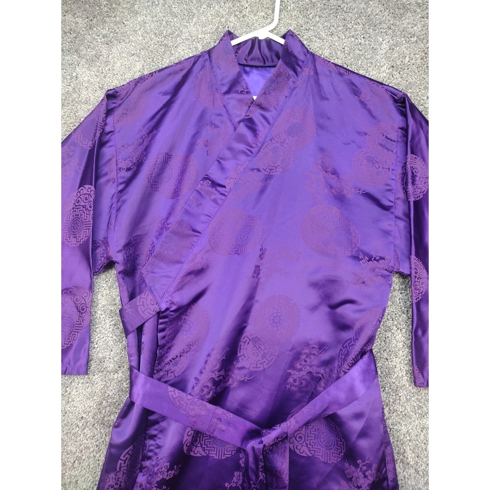 Vintage Japanese Belted Kimono Silky Dark Purple W Huge Butterfly Robe MCM 70's - Picture 3 of 16